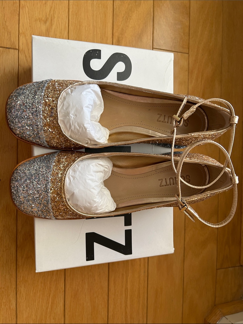 SCHUTZ Dorothy Weekend Low Block Glitter Pumps Rose in Gold and Silver glitters